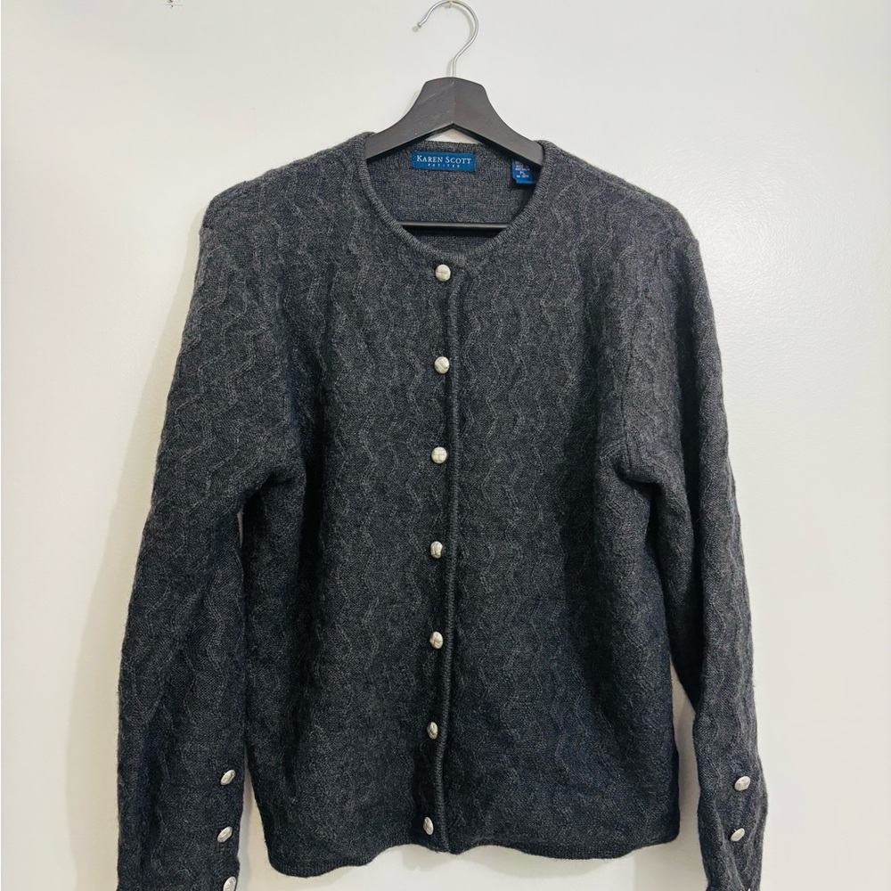 Karen Scott Petite Charcoal Gray Textured Button Cardigan Sweater – 100% Wool